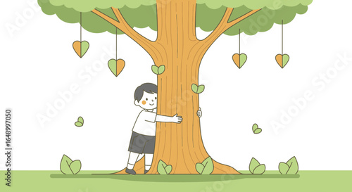 Joyful Child Embracing Nature With Affectionate Hug Around Tree Trunk