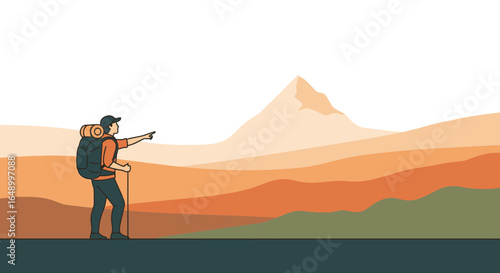 Illustration of a Hiker Exploring the Mountains and enjoying beautiful landscape view