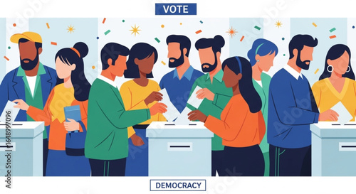 Diverse group of people casting votes in a polling station, symbolizing democracy and civic engagement.
