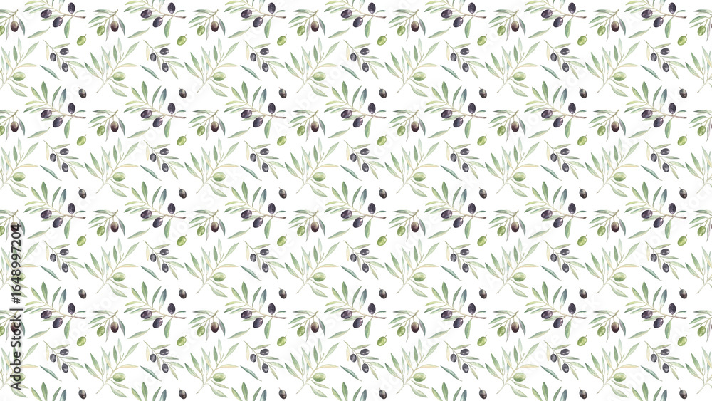 Obraz premium Watercolor olive branch and fruit repeat pattern