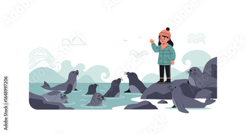Joyful Encounter Girl Waving To Playful Sea Lions In Coastal Scenery