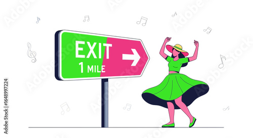 Joyful Exit: Woman Dancing Near Sign Symbolizing Freedom and New Beginnings