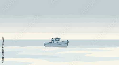 Illustration of a lone fishing boat sailing on a calm sea under a hazy sky drawing style