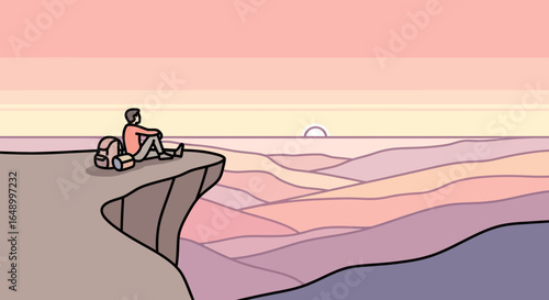 Illustration of a lone traveler contemplating the scenic vista at sunset from cliff edge