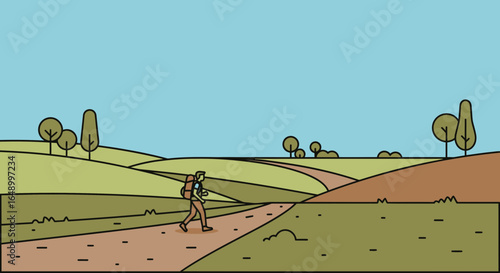 Illustration of a lone hiker on a winding path through a rolling landscape with hills and trees