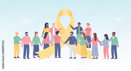 Illustration of Diverse Group Standing Together with a Yellow Ribbon Symbolizing Support