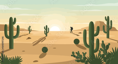 Illustration of a lone traveler walking through a desert landscape at sunset with cacti a serene and solitary journey scene