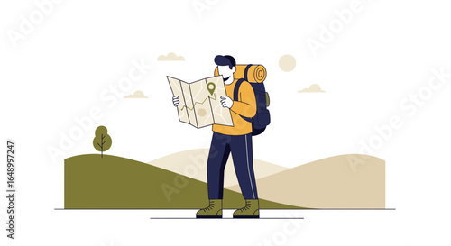 Illustration of a Lost Hiker Consulting a Map in a Hilly Landscape Setting