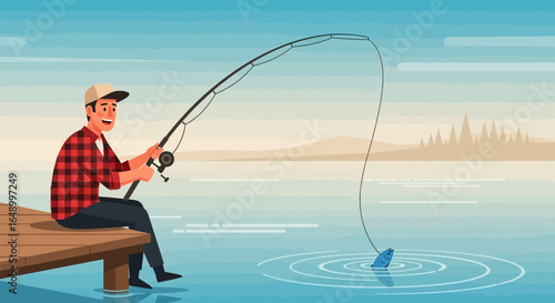 Joyful Fisherman Catches Fish On A Peaceful Lake In Nature Scenery