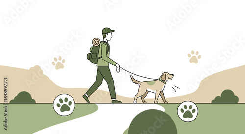 Illustration of a man and his dog on a hike in a minimalist landscape style with paw prints graphic elements that evoke a sense of nature and adventure