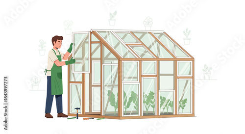 Illustration of a man assembling a greenhouse with plants inside on white background