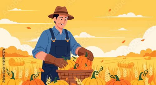 Joyful Harvesting Scene Farmer Collects Ripe Pumpkins During Autumn Season