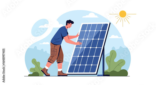 Illustration of a man installing solar panel for clean energy against backdrop of nature