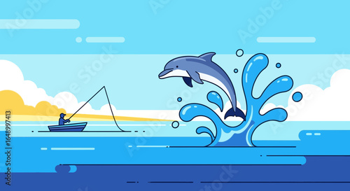 Joyful Marine Encounter Fisherman And Leaping Dolphin In Vibrant Blue Sea