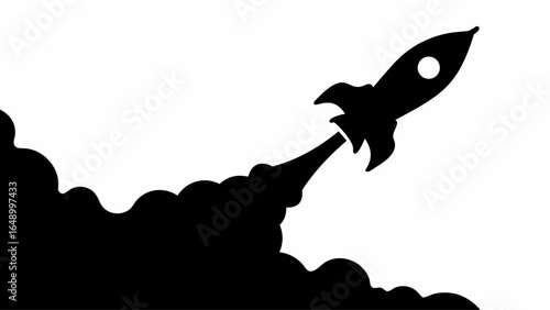 Silhouette of a rocket launching with smoke trail against a white background showing space travel concept