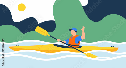 Illustration of a man kayaking on a river with a paddle and life vest wearing a cap