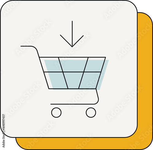 Shopping cart icon with a downward arrow, indicating purchase or adding to cart.