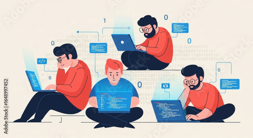Vector illustration of a team of focused programmers and software developers coding on laptops
