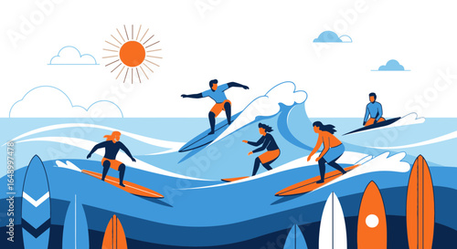 Joyful Summer Surfing Scene With Diverse Characters Enjoying the Ocean Waves