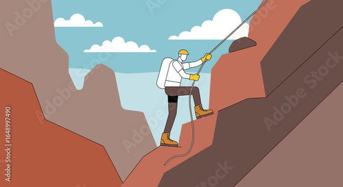 Illustration of a man rock climbing with safety gear in a stylized landscape