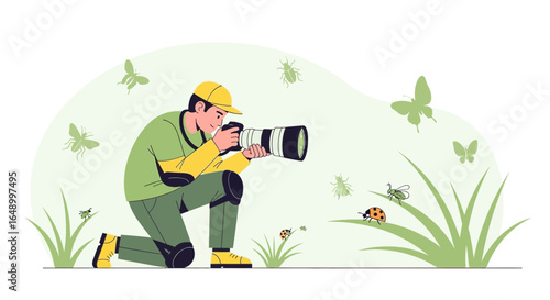 Illustration of a man taking pictures of insects with a professional camera in nature