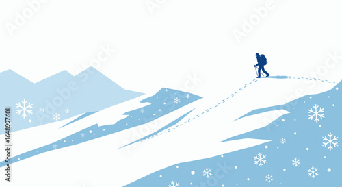 Illustration of a Mountaineer Conquering a Snow-Covered Mountain Landscape on a Winter Day
