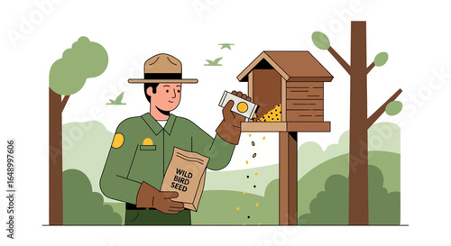 Illustration of a park ranger feeding birds, promoting wildlife conservation in a natural setting