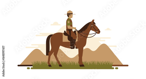 Illustration of a park ranger on horseback in a serene natural landscape setting