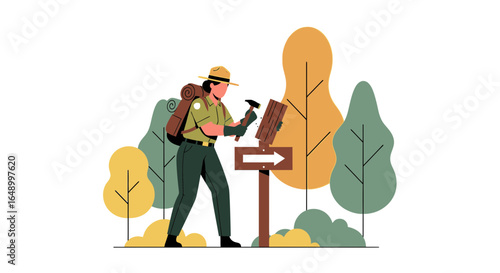 Illustration of a park ranger repairing a sign in a natural setting outdoors in a simple and contemporary style