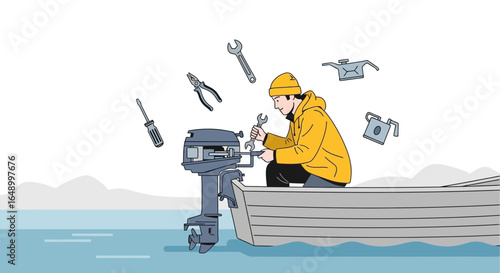 Illustration Of A Person Repairing An Outboard Motor On A Small Boat