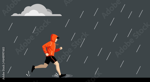 Illustration of a person running in the rain wearing a hooded jacket symbolizing perseverance and determination during challenging conditions