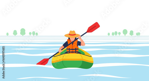 Illustration of a person kayaking on a calm blue lake with a safety vest and hat, enjoying a scenic summer day, flat design style