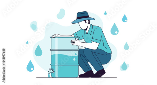 Illustration of a person collecting rainwater with a barrel for sustainable living