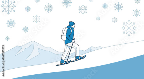 Illustration of a person snowshoeing in a winter landscape with mountains and snowflakes falling creating a sense of adventure