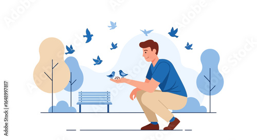 Kind Young Man Feeds Birds in a Serene Park Environment Illustration