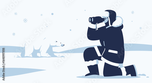 Illustration of a researcher observing a polar bear in a snowy arctic landscape using binoculars to analyze the animal
