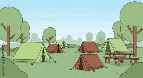 Illustration of a scenic campground featuring tents and picnic tables among trees for outdoor camping adventures and holiday getaways