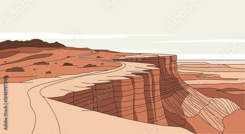 Illustration of a scenic desert landscape with winding roads and canyon cliffs providing depth and perspective in arid terrain