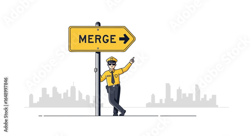 Illustration Of A Security Officer Directing Towards A Merger In The Cityscape
