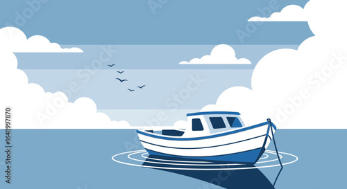 Illustration of a serene seascape with a boat floating peacefully on the water