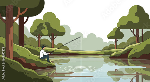 Illustration of a serene scene with a fisherman enjoying peaceful outdoor activity along the lakeside
