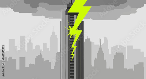 Illustration of a skyscraper being struck by lightning in a city landscape scene