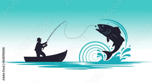 Illustration of a successful fishing adventure featuring a fisherman and a leaping fish