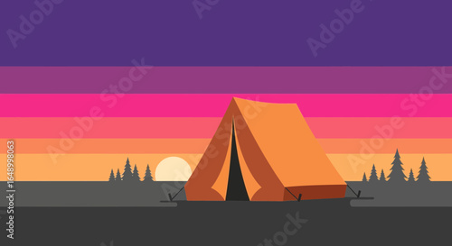 Illustration of a tent at sunset evoking a sense of adventure and tranquility in the outdoors for exploration and camping