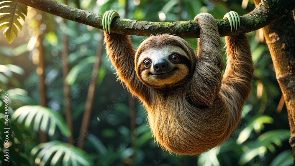 Obraz premium 木の上でのんびり過ごすナマケモノ、ほのぼのとした動物イラスト