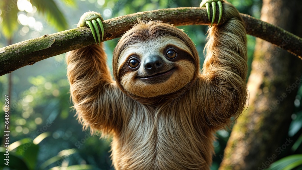 Fototapeta premium ゆったりとした表情が魅力的なナマケモノ、自然の中でくつろぐ姿を描いたイラスト