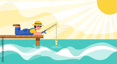 Lazy Summer Day Fishing From Pier Catching Fish on Calm Turquoise Waters