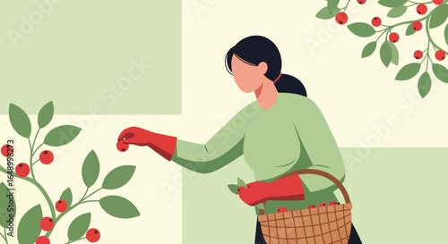 Illustration of a woman harvesting berries in a garden with a basket in hand beautiful art style scene with berry picking activity