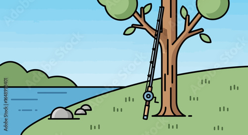 Leisure Time Fishing Rod Leaning on A Tree Near A Calm Lake Scene