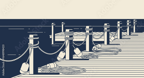 Illustration Of A Wooden Pier In The Sea With Ropes And Buoys Seaside